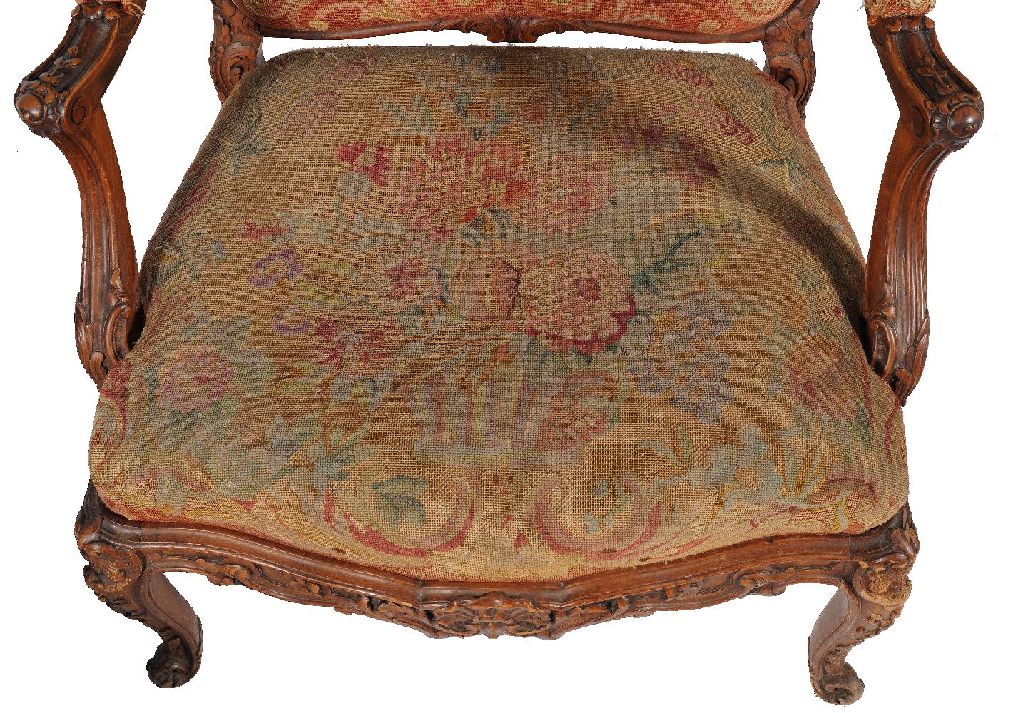 A pair of carved walnut and needlework upholstered armchairs - Image 4 of 8