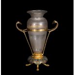 A Napoleon III champlevé enamel and gilt bronze mounted engraved glass vase inscribed F. BARBEDIENNE
