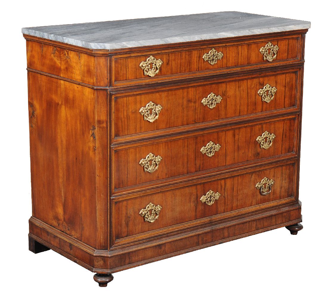 A Continental walnut and marble topped chest of drawers
