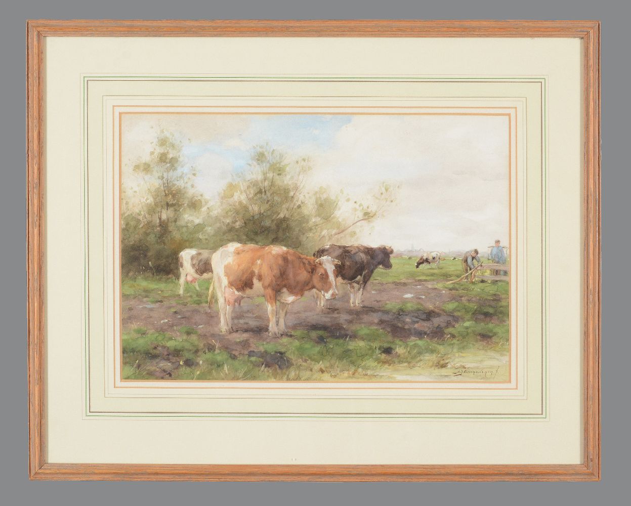λ Adrianus Johannes Groenewegen (Dutch 1874-1963)A study of cows in a field with two farmers beyond - Image 2 of 2
