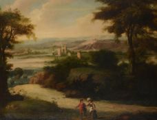 Follower of Peter TillemansTravellers in a wooded landscape with a ruined church beyond