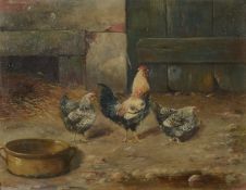 Alfred Schonian(German 1856-1936)Rooster and two hens outside a barn