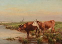 Joseph Dixon Clark (British 1849-1944)Cows watering with a windmill beyond