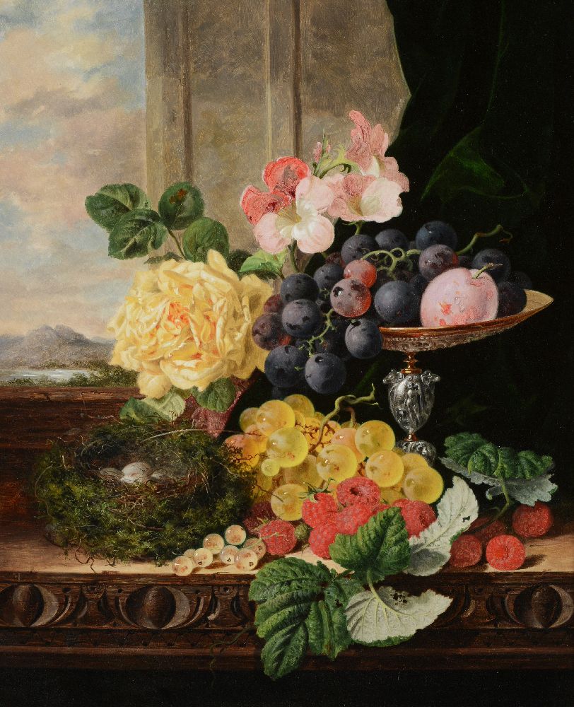 Edward Ladell (British 1821-1886)Black & Golden Hambro Grapes, Gloire de Dijon Rose, Geranium, Tazza