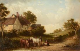 Attributed to Thomas Smythe (British 1825-1902)Horses watering, in front of a half timbered cottage