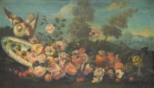 French School (18th century)Still life of flowers with dove and ceramic dish in a landscape