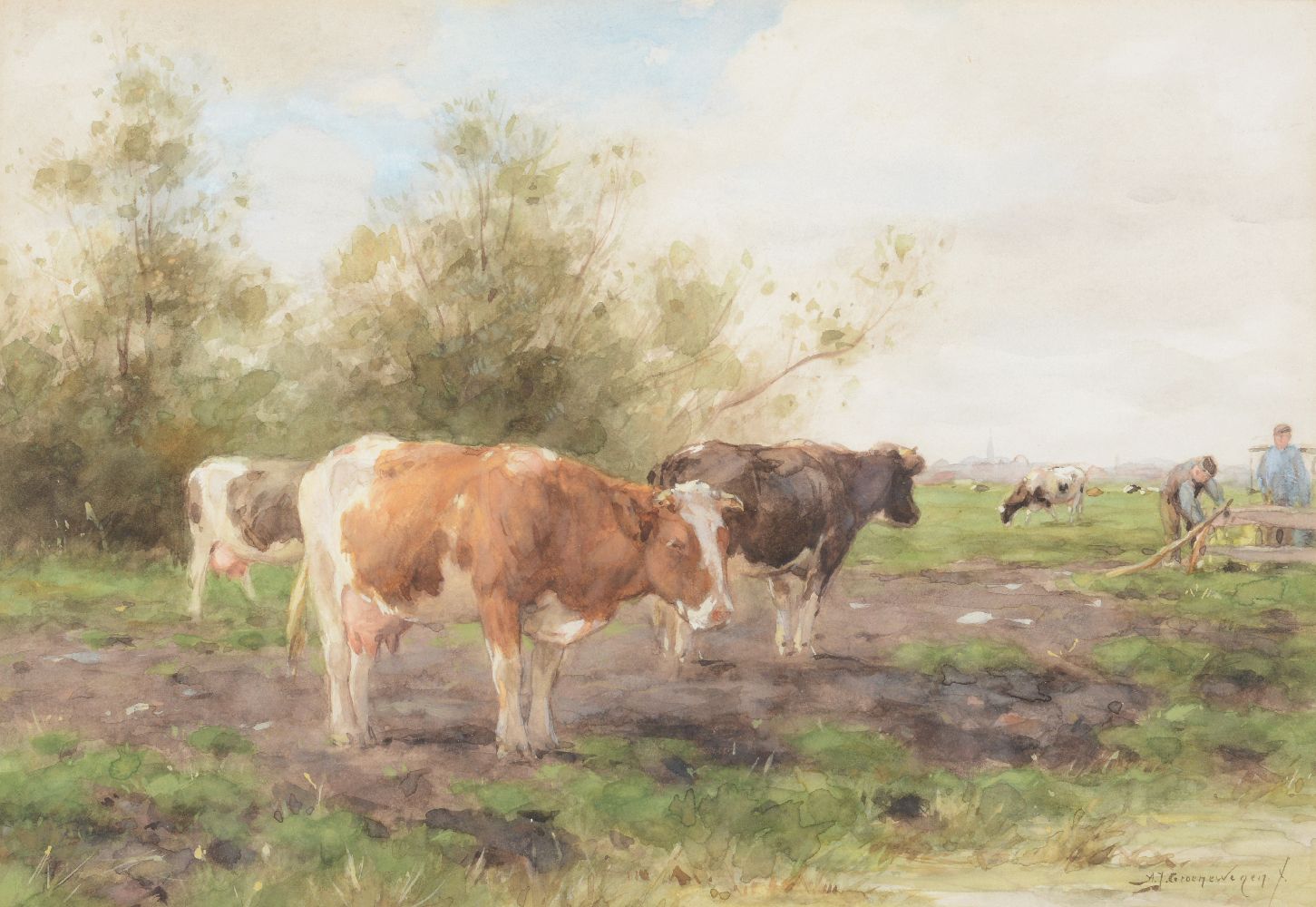 λ Adrianus Johannes Groenewegen (Dutch 1874-1963)A study of cows in a field with two farmers beyond