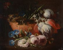 Dutch School (late 18th century)Still life of wilting roses and tulips in a terracotta urn