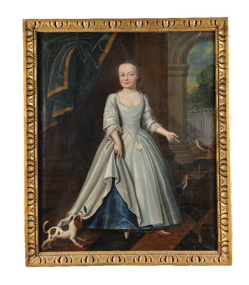 Provincial School (early 18th century)Portrait of a young girl with pet dogs and birds - Image 2 of 4