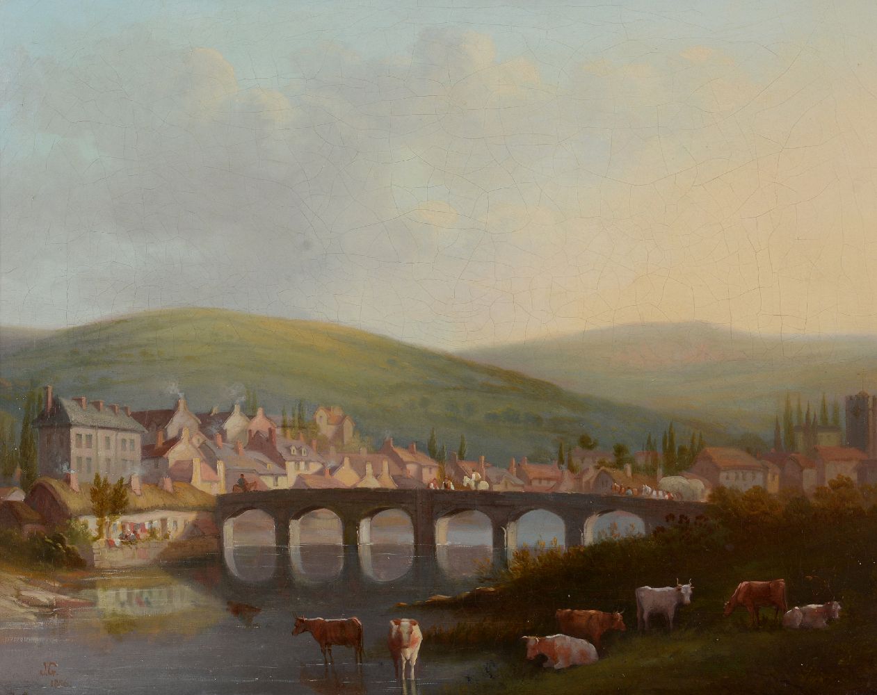 Dutch School (19th century)Cows in a river landscape with a bridge beyond, a pair (2)