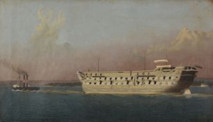 English School (late 19th Century/early 20th Century)The paddle steamer Hibernia towing an old hulk