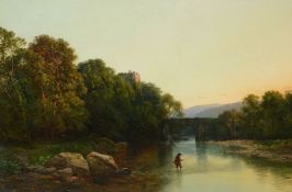 Continental School (19th century)Fisherman under moonlight in a mountainous river landscape