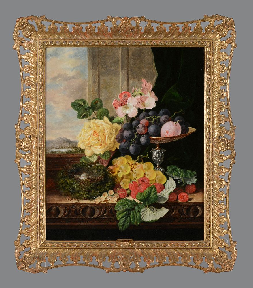 Edward Ladell (British 1821-1886)Black & Golden Hambro Grapes, Gloire de Dijon Rose, Geranium, Tazza - Image 2 of 3