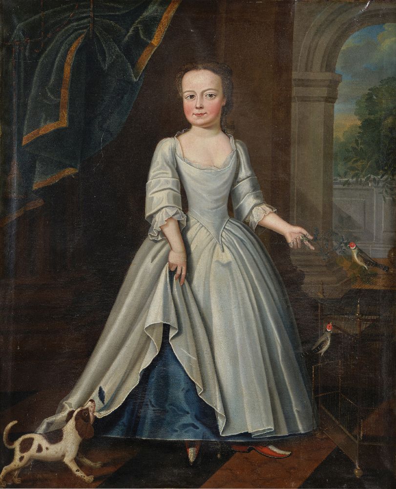 Provincial School (early 18th century)Portrait of a young girl with pet dogs and birds