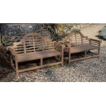 A pair of teak garden benches, of recent manufacture, in the manner of designs by Lutyens, the
