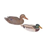 Alan Emmett (1938-2008); two late 20th century carved and painted wood models of mallard duck,