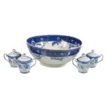 A Staffordshire pearlware blue and white punch bowl, circa 1790, the well printed with a pagoda,
