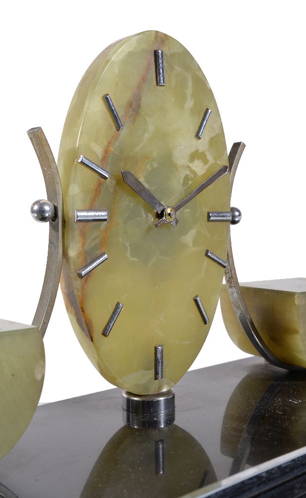 An Art Deco green and black onyx mantel clock, the eight day timepiece movement with six rubies, - Image 2 of 2