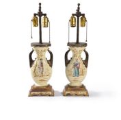 A pair of French metal mounted ceramic Japonisme table lamps, circa 1880, the bodies modelled as