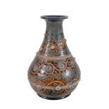 A Doulton Lambeth stoneware baluster vase by George Tinworth, scroll foliage in bands of brown and