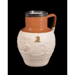 A Turner white dry-bodied stoneware 'Hunting' jug with silver-mounted rim, circa 1790-1800, sprigged