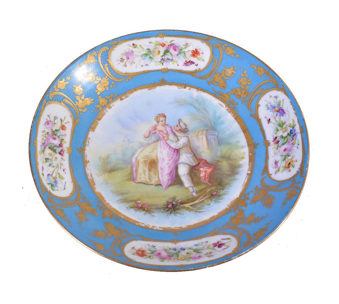 An assortment of Sevres-style porcelain, late 19th century, turquoise-ground and variously painted - Image 6 of 14