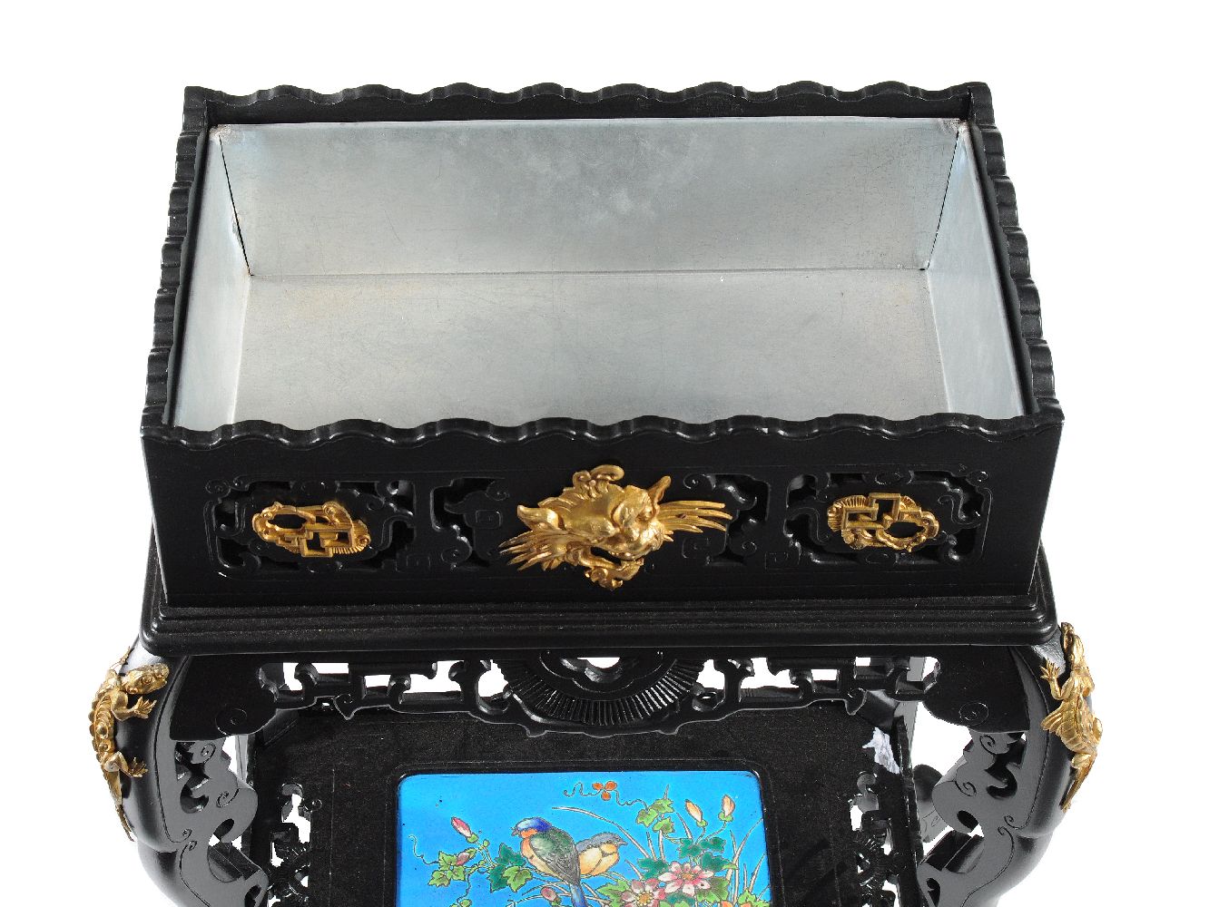 A French Aesthetic Movement ebonised gilt bronze mounted and ceramic jardinière, in Japonisme taste, - Image 6 of 6