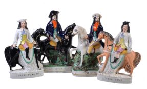 Two pairs of Staffordshire figure groups of Dick Turpin and Tom King, various dates mid to late 19th