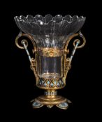 A Napoleon III champlevé enamelled and gilt metal mounted cut glass vase, circa 1870, the vase