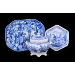 A John & William Ridgway hexagonal section blue and white printed 'Indian Temple' pattern Stone