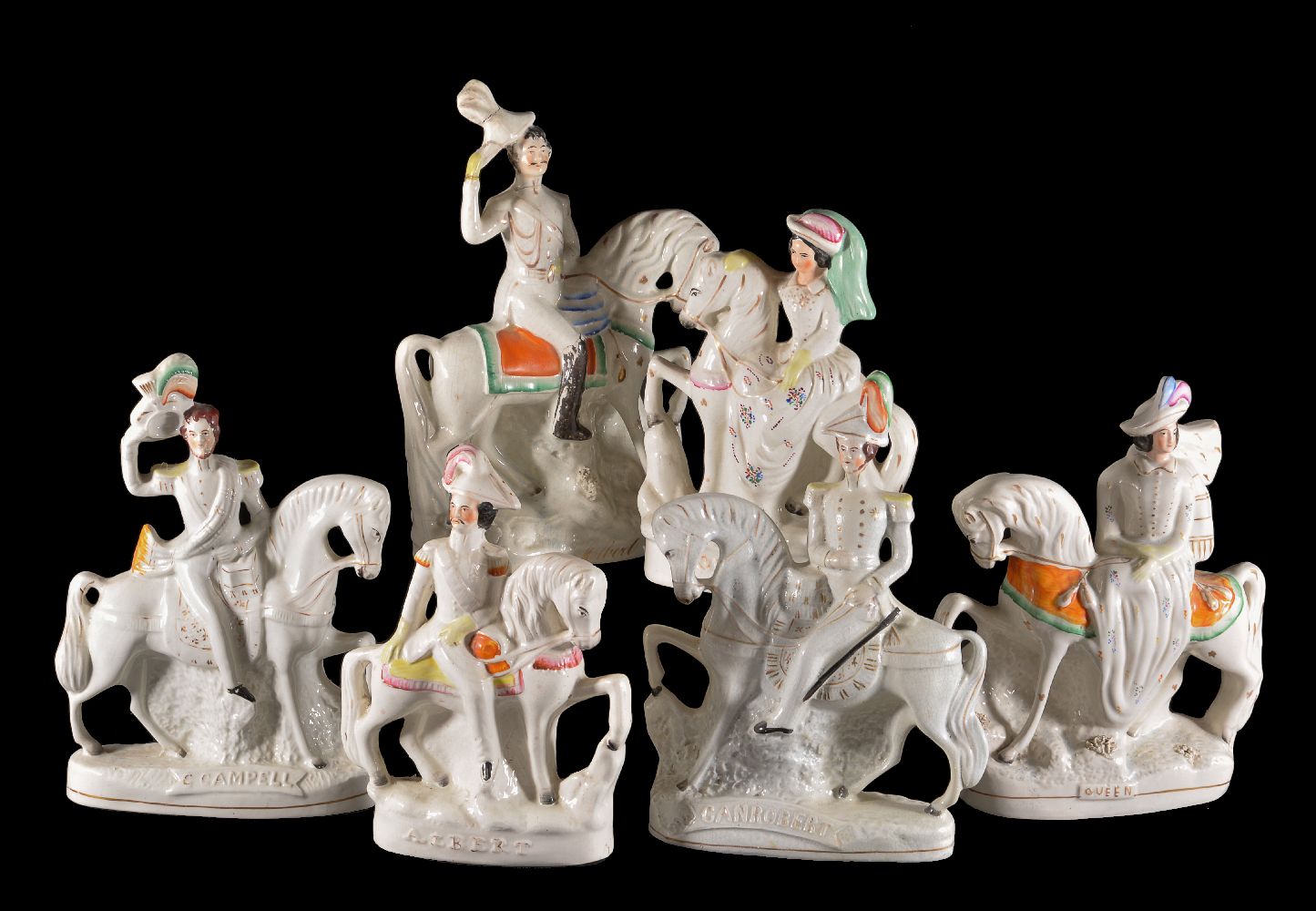 Six Staffordshire pottery sparsely coloured and gilt equestrian models of royal or military figures,