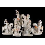 Six Staffordshire pottery sparsely coloured and gilt equestrian models of royal or military figures,