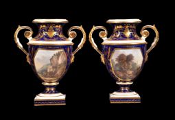 A pair of Derby (Rbt. Bloor) blue-ground and gilt two-handled urns painted with titled landscape