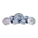 A selection of mostly English delft, third quarter 18th century, comprising: an octagonal plate