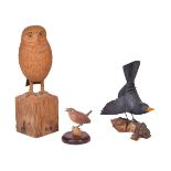 Alan Emmett (1938-2008), three modern carved wood models of birds, comprising: a wren,