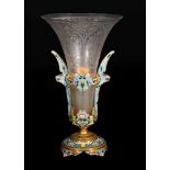 A champlevé enamelled and gilt metal mounted engraved glass vase in the manner of examples by Maison