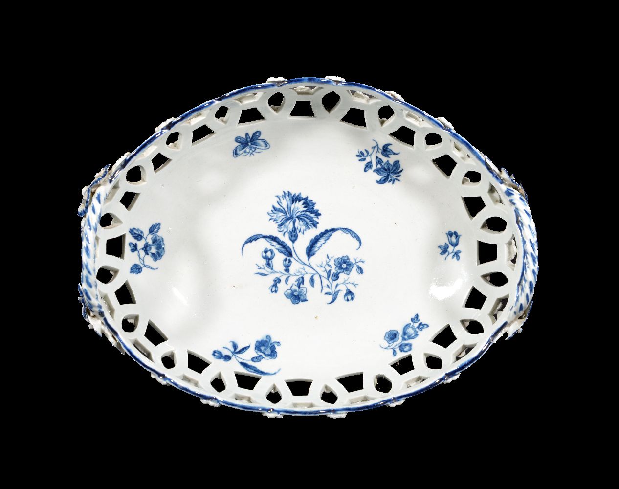 A Worcester blue and white pierced two-handled basket, circa 1780 printed with the 'Gilliflower