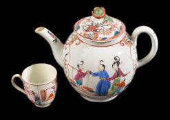 A Worcester polychrome Chinoiserie globular teapot and cover painted with Chinese figures, circa