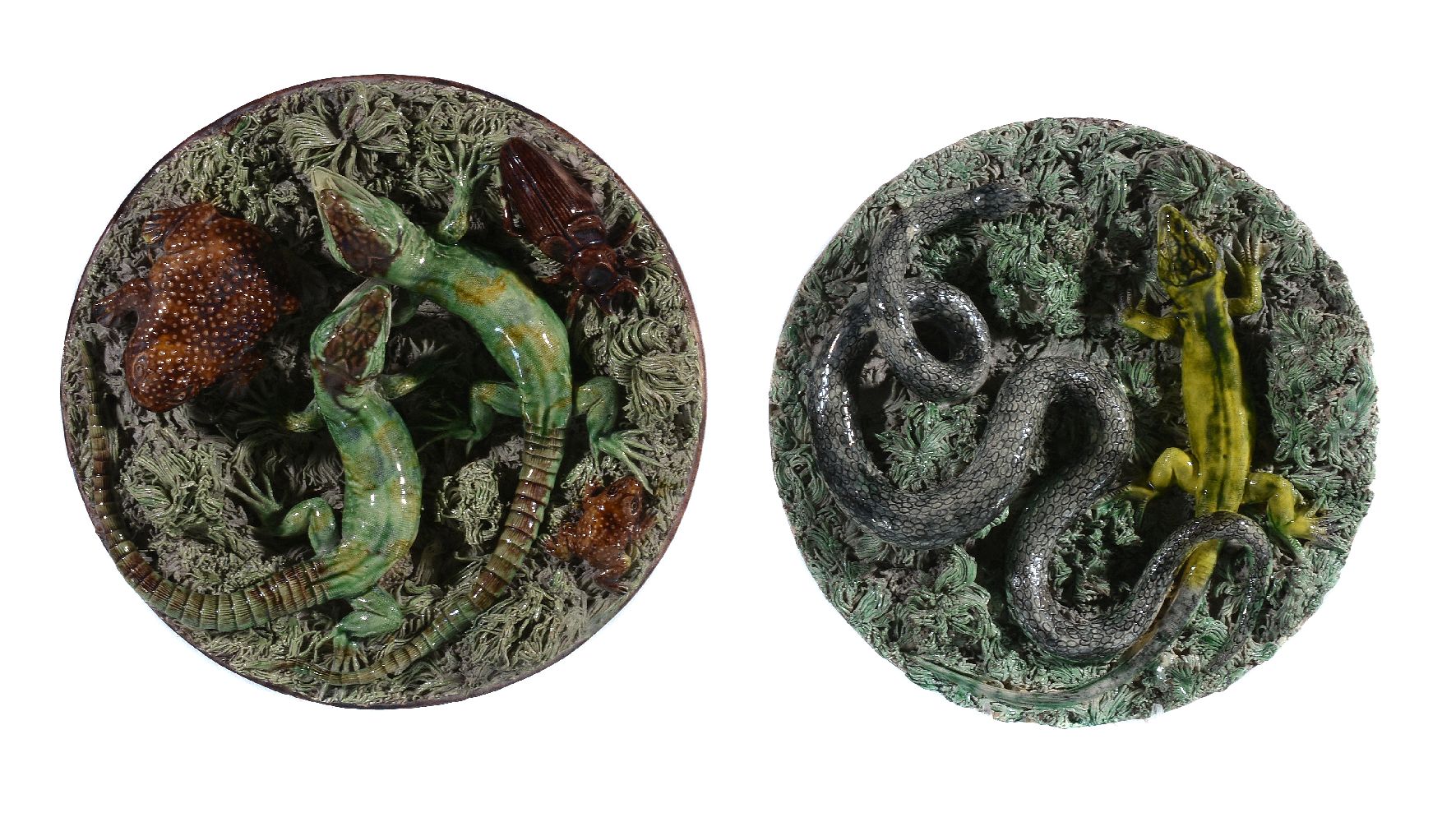 Two similar Portuguese majolica Palissy-style dishes of Caldas Da Rainha type, late 19th century,