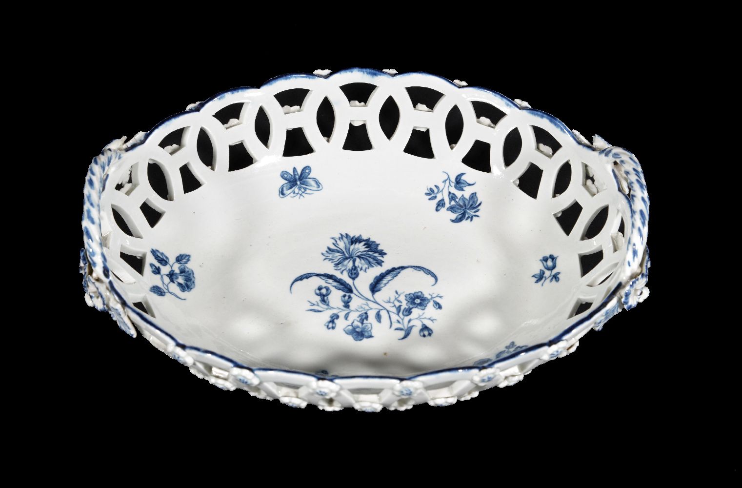 A Worcester blue and white pierced two-handled basket, circa 1780 printed with the 'Gilliflower - Image 2 of 2