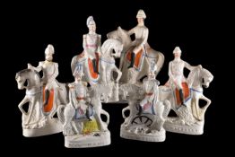 Six Staffordshire pottery sparsely coloured and gilt equestrian models of royal or military figures,