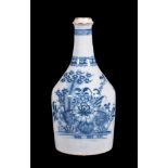 An English delft blue and white chinoiserie water bottle, circa 1770, painted with flowers, 27cm