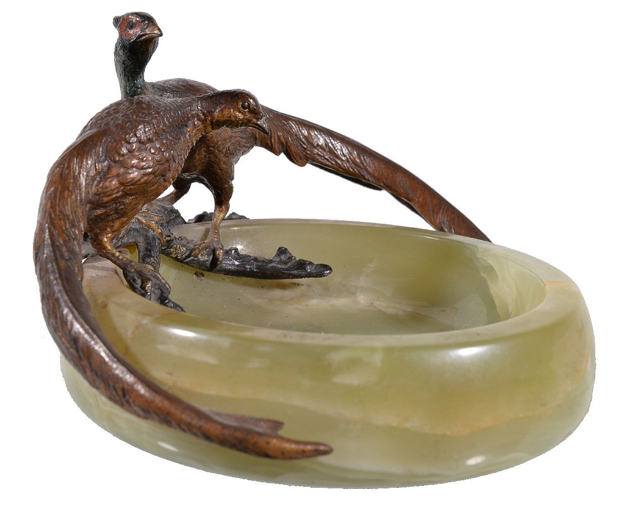 Two Austrian cold painted bronze and green onyx vide poches, circa 1930, of a cock and hen pheasant, - Image 2 of 4