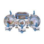 An assortment of Sevres-style porcelain, late 19th century, turquoise-ground and variously painted