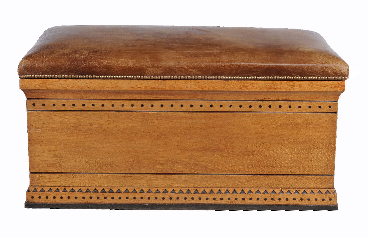 An Aesthetic Movement ash and leather upholstered Ottoman, circa 1890, 53cm high, 105cm wide, 61cm