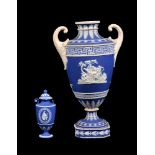 A Turner blue-dip jasper two-handled urn, circa 1800, sprigged in white with classical scenes