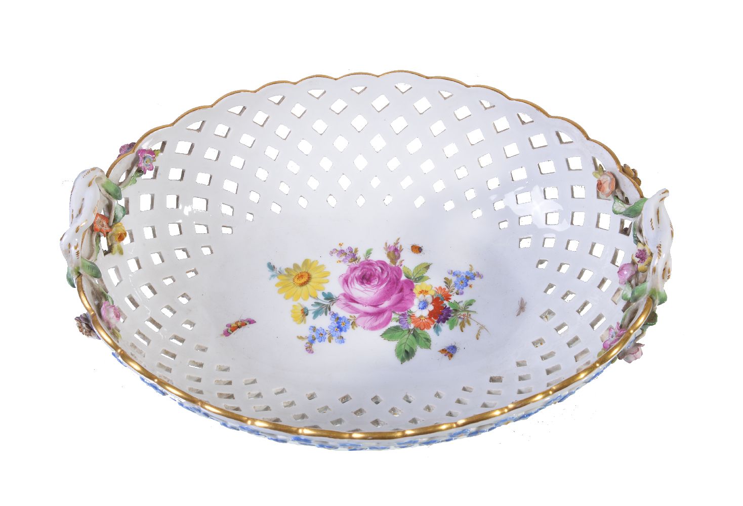 A Meissen pierced oval two-handled flower-encrusted basket, first quarter 20th century, the - Image 3 of 4