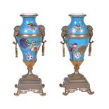 A pair of French pottery Japonesque cloisonné style gilt-metal-mounted two-handled vases, late