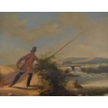 Follower of James Pollard (British 1792-1867) A man fishing before a waterfall Oil on board 20 x