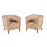 A pair of suede upholstered tub arm chairs in Art Deco style, 20th century, 69cm high, 64cm wide,